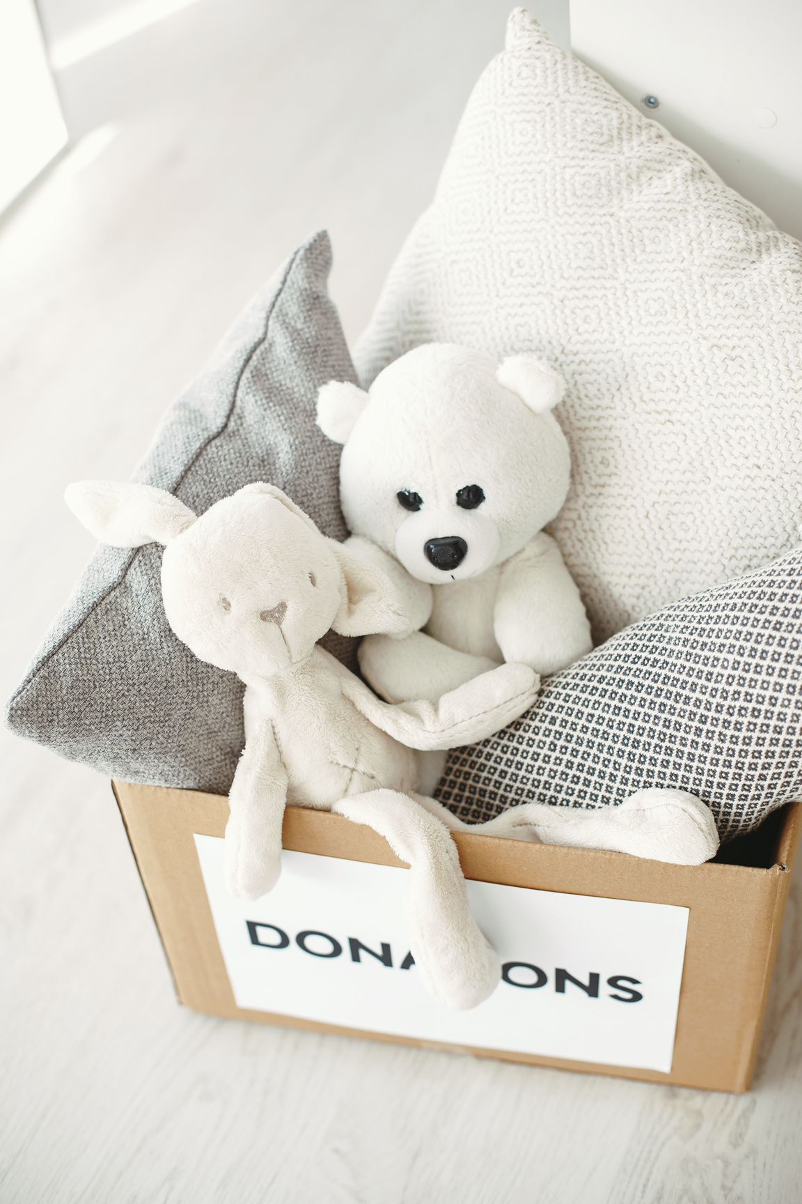 A Box of Donations with Pillows and Stuffed Animals