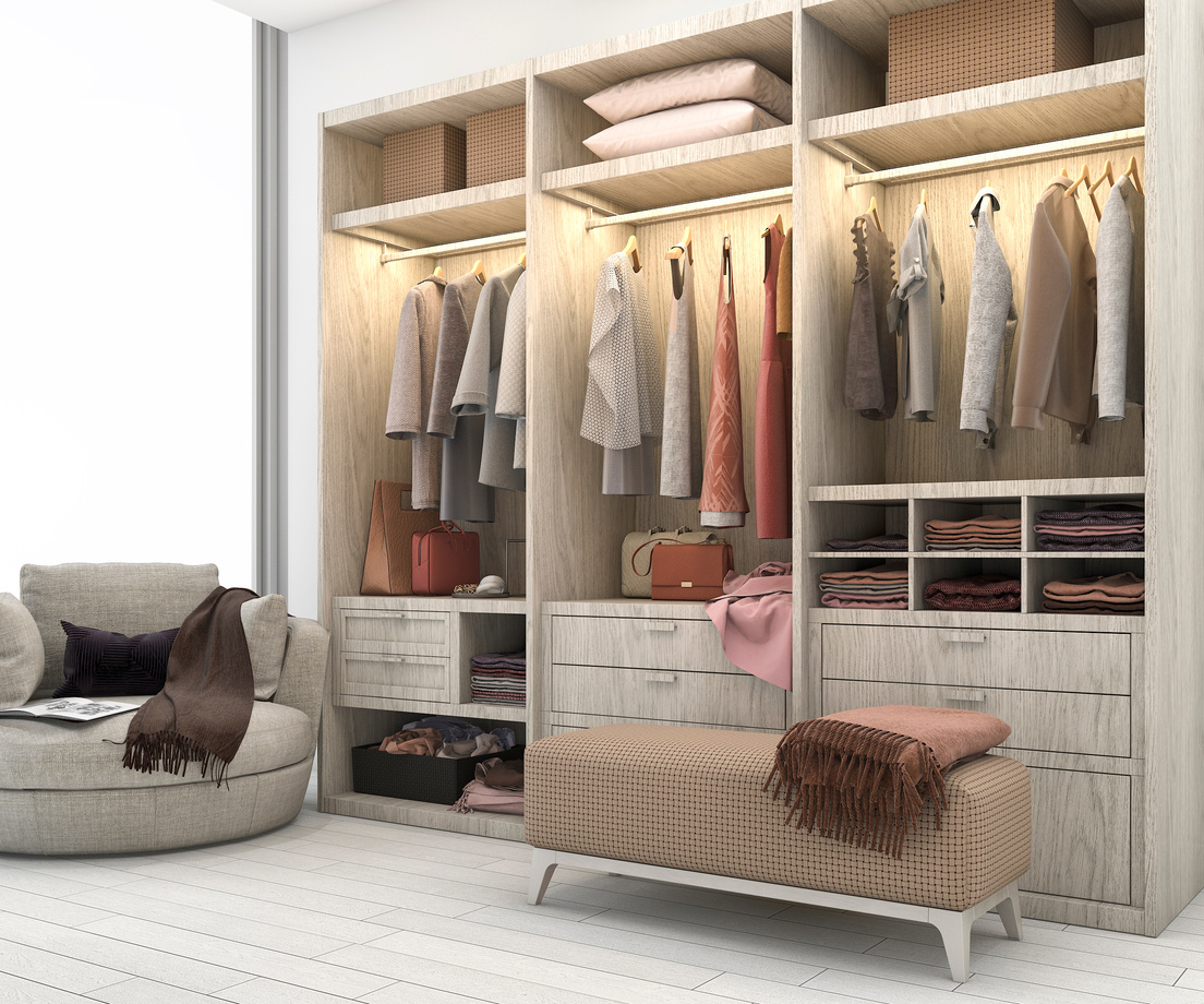 3d rendering minimal scandinavian wood walk in closet with wardrobe